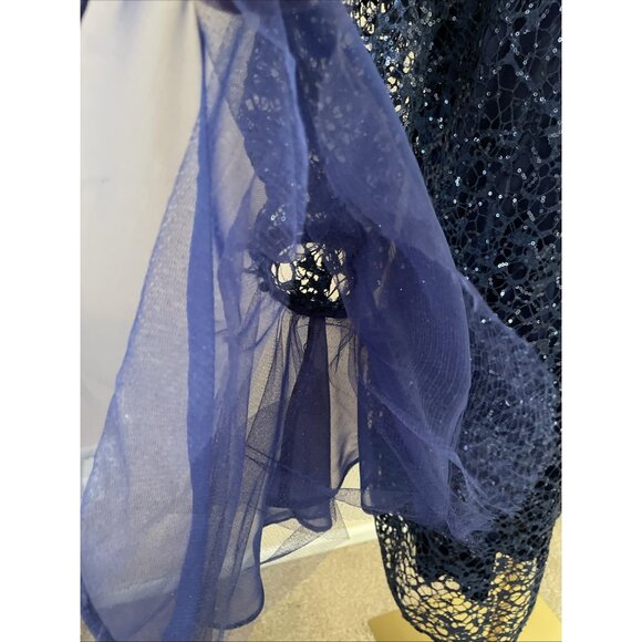 Alex Evenings Sheer Lace Sequin Dress w/ Slip Navy Bell Sleeves Fairy Whimsical - Picture 4 of 13